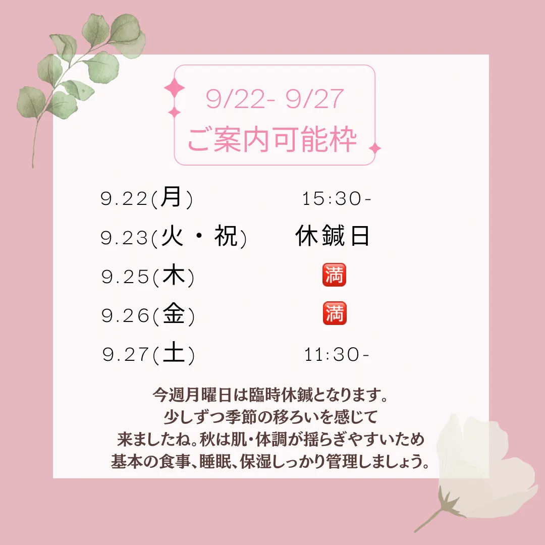 今週のご予約状況『JJ夙川はり灸院』西宮市の女性専門鍼灸院